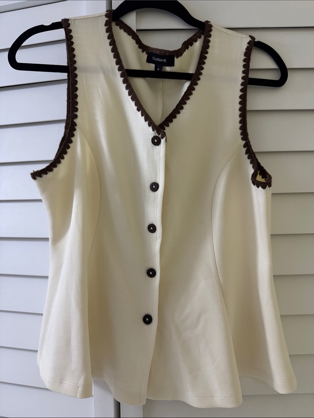 Calligraphie Sleeveless Cream Button-Front Top with Brown Trim
